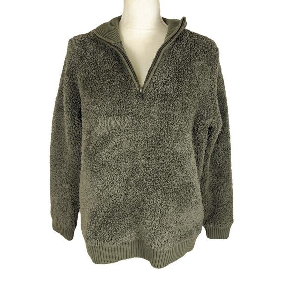 Barefoot Dreams CozyChic Shearling Half-Zip Olive Pullover Sweater Size Medium - Picture 6 of 7